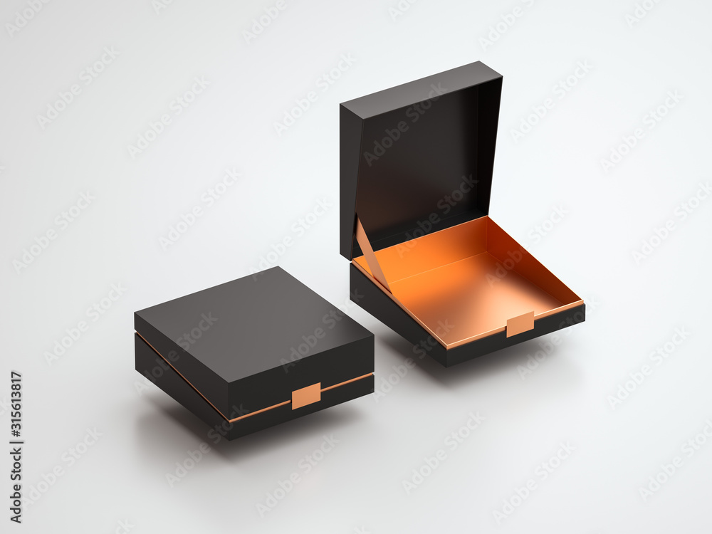 Black Box packaging Mockup Half Side View on the dark marble floor, 3d rendering Black Box packaging Mockup Half Side View on the dark marble floor, 3d rendering
