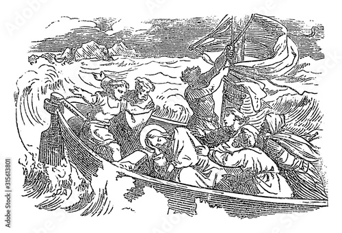 Vintage drawing or engraving of biblical story of sleeping Jesus woke up and calms the storm over the lake. Bible,New Testament,Luke 8. Biblische Geschichte , Germany 1859.