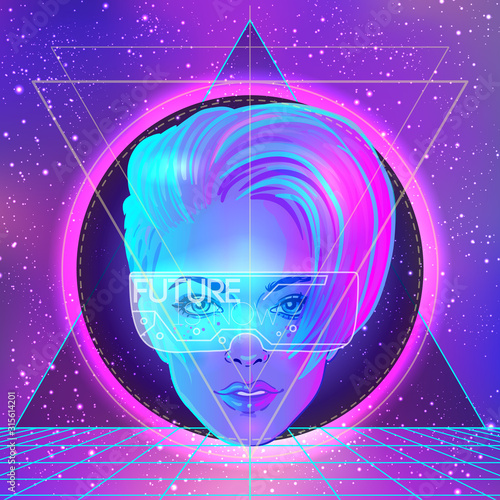 Futuristic synth wave style. Retroparty flyer template. Portrait of a young pretty androgynous woman with short shaved pixie undercut in retro futurism style. Vector illustration in neon bright color