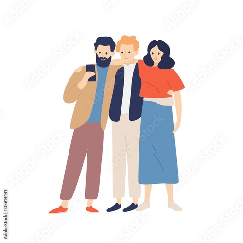 Group of friends hugging taking selfie using smartphone vector flat illustration