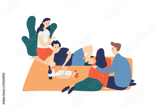 Two smiling couple enjoying outdoor picnic vector flat illustration