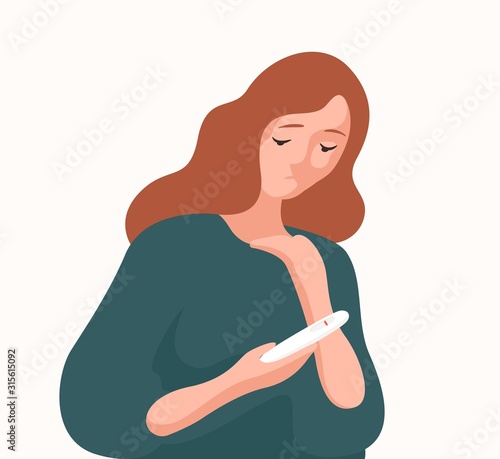 Unhappy woman holding negative result pregnancy test vector flat illustration