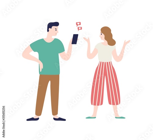 Cartoon wife incriminating at treason of husband vector flat illustration. Annoyed woman talking man flirting chatting with another person use smartphone. Concept of love triangle isolated on white.