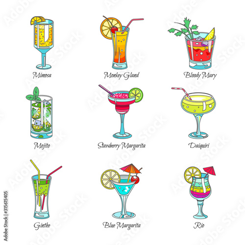 Cocktails collection of alcoholic drinks with straws and fruit slices