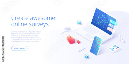 Online survey concept in isometric vector illustration. Feedback checklist or rating with smartphone. User research or evaluation service on product or app. Web banner layout template.