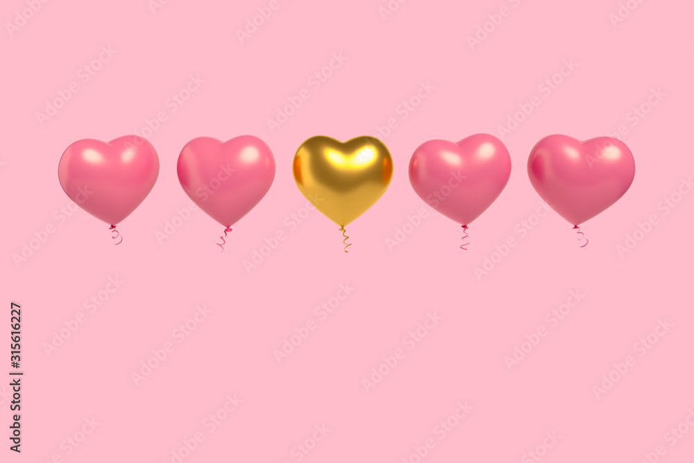 Pink and gold Heart balloon floating on pink background. Minimal idea concept. 3d render