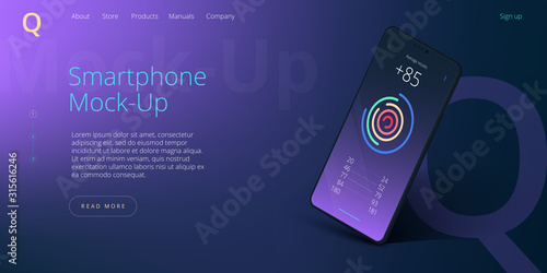 Smartphone realistic mockup in purple color palette. Black cellphone angle screen mock up on gradient background. Web banner layout template.