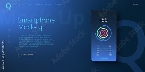 Smartphone realistic mockup in blue color palette. Black cellphone front screen mock up on gradient background. Web banner layout template.