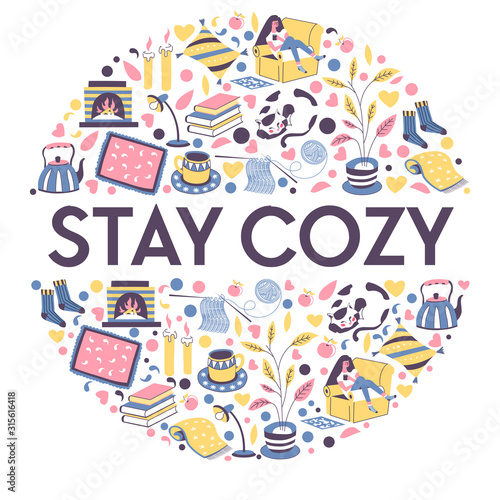 Stay cozy banner with icons for relaxing winter evening indoors