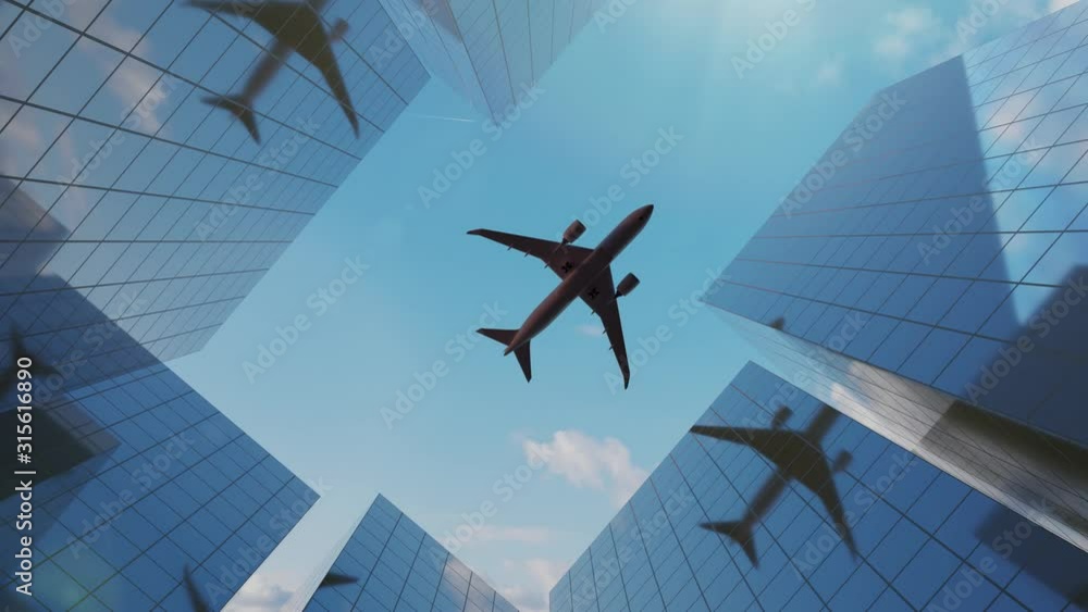 Animation of airplane flying in city above buildings and skyscrapers.