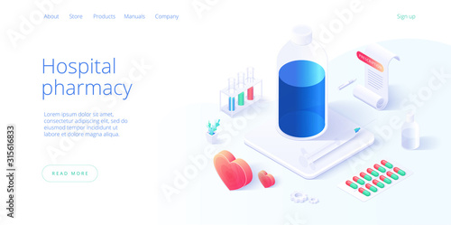 Hospital pharmacy or drug store concept in isometric vector illustration. Pharmaceutics or chemical lab background with medicines and equipment. Web banner layout template.