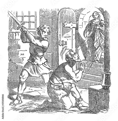 Vintage drawing or engraving of biblical story of John the Baptist beheaded as reward for Salome for her dance.Bible,New Testament,Matthew 14,Mark 6. Biblische Geschichte , Germany 1859.