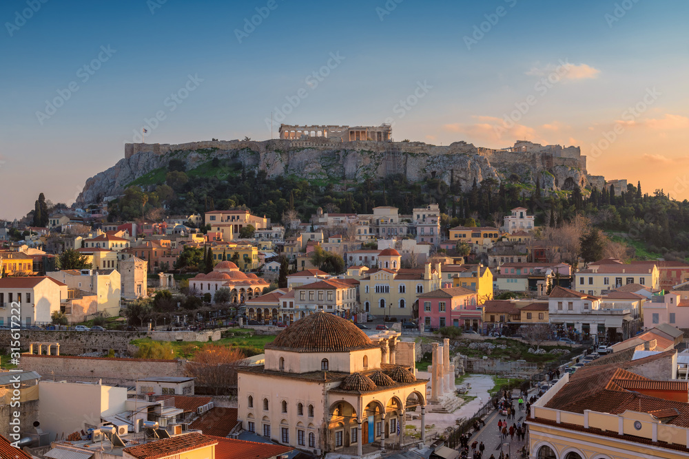 Athens old town Plaka and the Acropolis hill at sunset, Monastiraki Square, Athens, Greece