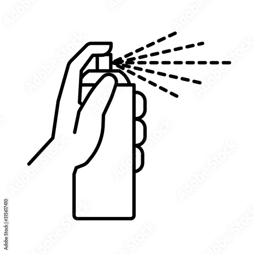 Sprayer or spray bottle in hand isolated line icon