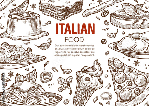 Pasta and pizza, Italian cuisine dishes, Italy restaurant menu