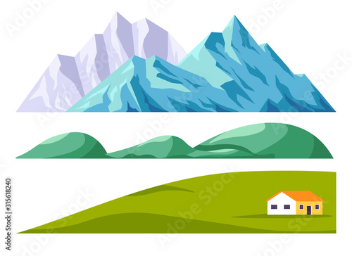 Landscape constructor set with mountains and green field