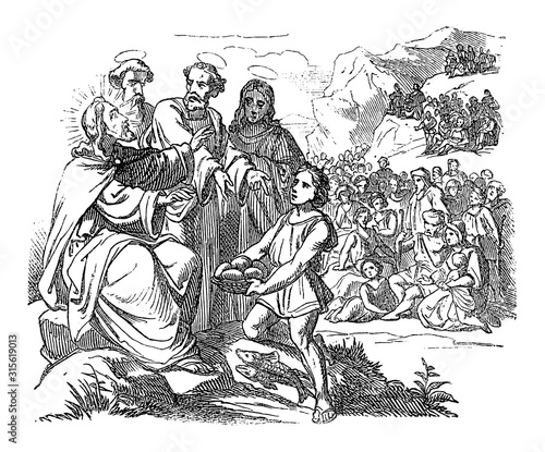 Vintage drawing or engraving of biblical story of how Jesus feeds the five thousand by five loaves and two fish.Bible,New Testament, Luke 9,John 6,Matthew 14,Mark 6. Biblische Geschichte , Germany