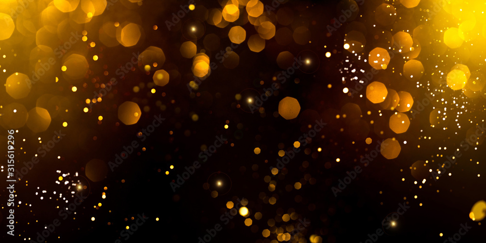 Golden abstract bokeh on black background. Holiday concept - obrazy, fototapety, plakaty 