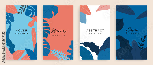 Social media stories and post background vector set. Background template with copy space for text and images design byTropical leaf shapes,  line arts and natural style brush.
