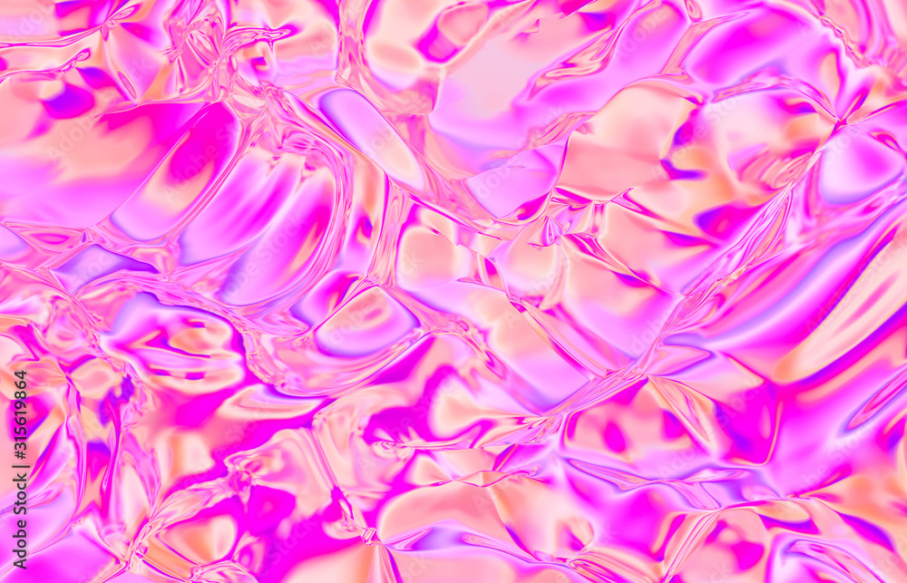 Abstract geometric crystal background, iridescent texture, faceted gem, liquid. 3d render. 