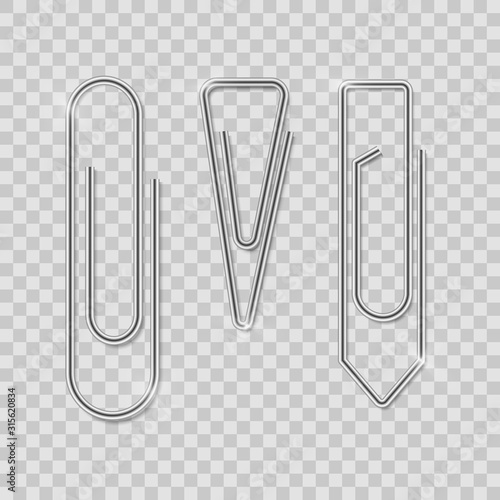Clip set. Realistic paperclip attach. Office metal binder with shadow. Vector attach on transparent background