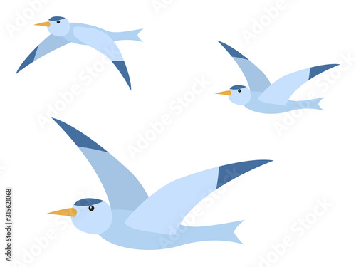 Arctic seagull characters set isolated on white. Polar element of fauna with wild flying bird in flat design style. Flock of birds, group of freedom animal with beak and wings in blue color vector