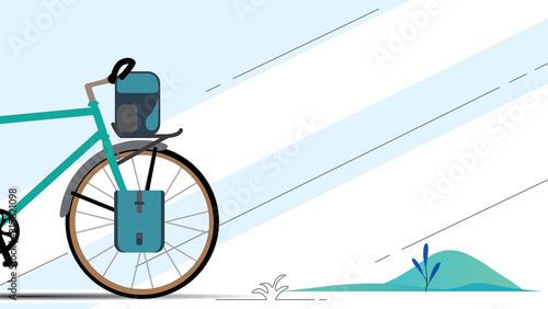 Vector illustration of touring bike with bikepacking bags and tent in case. Road racing bicycle and bikepacking gear. Flat style design. photo