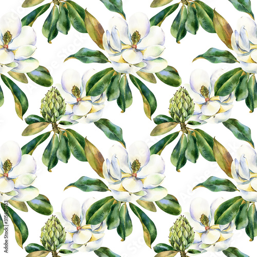 Watercolor seamless pattern with white magnolia, green leaves, botanical painting isolated on a white background, floral painting, stock illustration. Fabric wallpaper print texture.