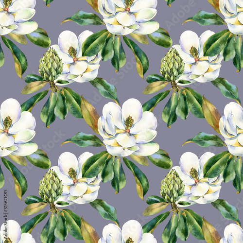 Watercolor seamless pattern with white magnolia  green leaves  botanical painting isolated on a gray background  floral painting  stock illustration. Fabric wallpaper print texture.