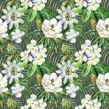 Watercolor seamless pattern with branch of plumeria, magnolia, passiflora, palm, green leaves, frangipani, passion flower, jungle painting, stock illustration. Fabric wallpaper print texture.