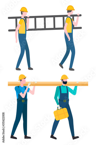 Team of workers vector, isolated people working carrying heavy objects. Male with ladder and wooden bulk, characters wearing protective helmets clothes
