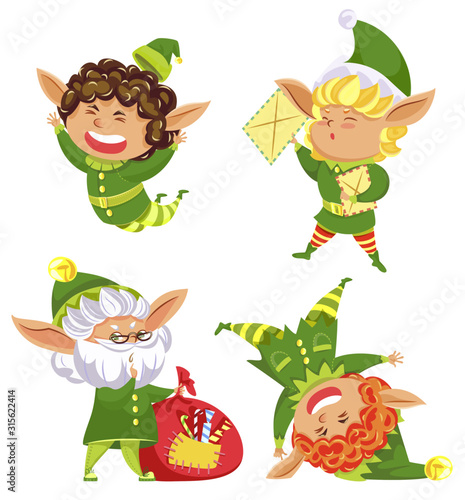 Set of elves, winter character wearing green costumes. Isolated dwarfs collection, kids with letters and bag filled with candies and traditional Christmas treats. Leprechaun jumping and smiling vector