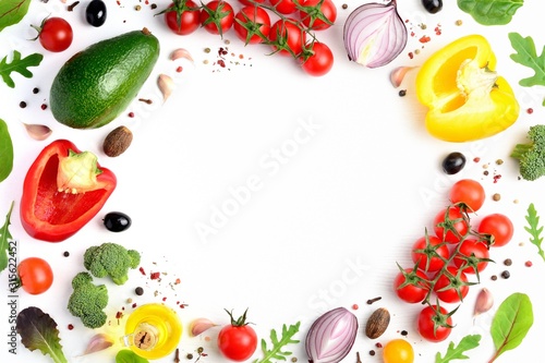 Organic fresh vegetables frame on white background. Healthy food or diet concept. Flat lay  top view  copispace.