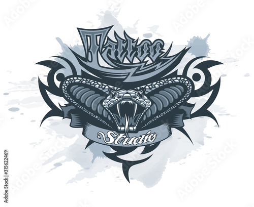 Logo tattoo studio with a cobra in the center on a watercolor background.