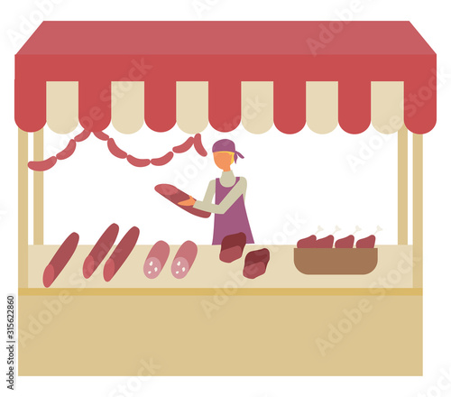 Butchery shop at marketplace isolated seller with sausages in hands. Vector meat store at market, shop-window tent and butcher selling meaty products