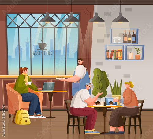 Cafe interior, coffeehouse with customers drinking coffee and enjoying talk. Woman freelancer of student working on laptop in restaurant. People dining or having breakfast. Vector in flat style