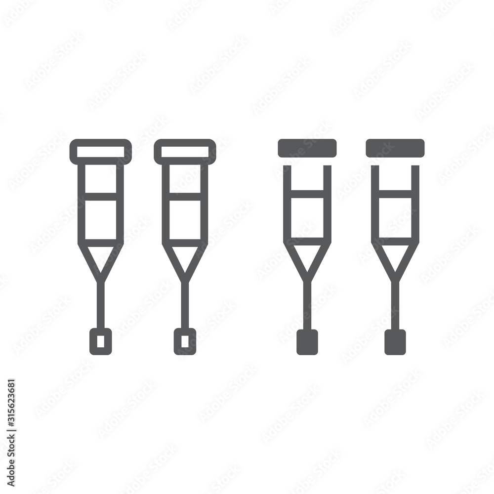 Walking crutches line and glyph icon, orthopedic and medical, support cane sign, vector graphics, a linear pattern on a white background. Walking crutches line and glyph icon, orthopedic and medical, support cane sign, vector graphics, a linear pattern on a white background.