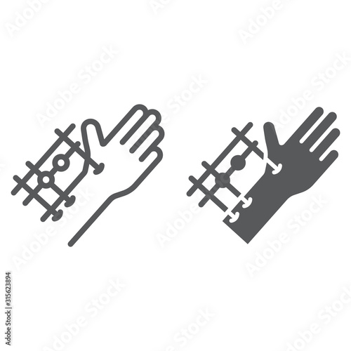 Fixation joints surgery line and glyph icon, medical and equipment, hand surgery sign, vector graphics, a linear pattern on a white background.