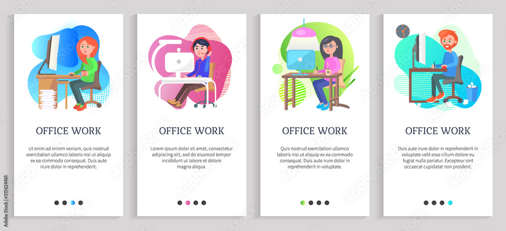 Office work vector, project lady sitting by computer, company employee in working process with cup of hot beverage doing paperwork secretary. Website or slider app, landing page flat style