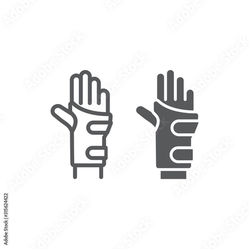 Wrist brace line and glyph icon, orthopedic and medical, arm bandage sign, vector graphics, a linear pattern on a white background.