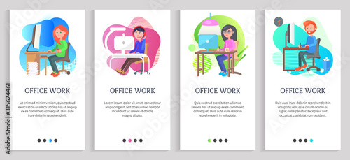 Office work vector, project lady sitting by computer, company employee in working process with cup of hot beverage doing paperwork secretary. Website or slider app, landing page flat style © robu_s