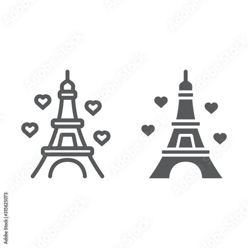 Eiffel tower line and glyph icon, valentine and holiday, france sign, vector graphics, a linear pattern on a white background, eps 10.