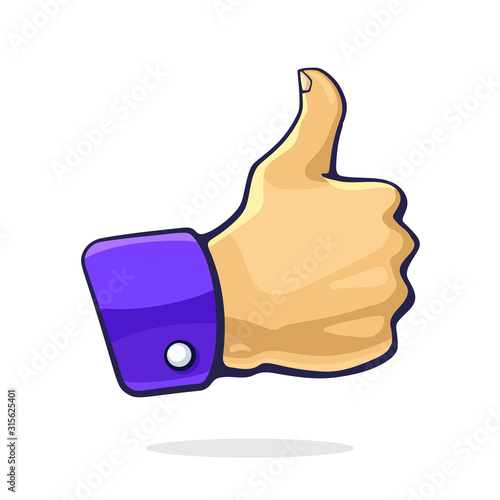 Vector illustration. Thumb up gesture of like. Graphic design with contour. Clip-art print of symbol of approval or encouragement on social networks. Isolated on white background