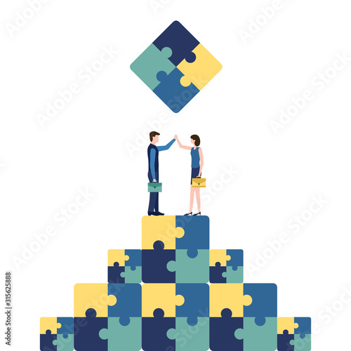 Concept of completed collaboration and teamwork, achieving success and leadership. Businessman gives five on a pyramid of connected puzzles. Business people, man and woman clap hands. Vector icon.