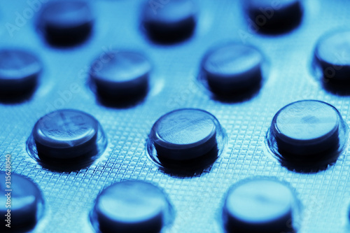 Panel of medicine inblue. Pills in blue. photo