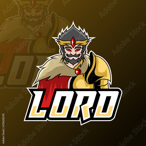 king lord sport esport logo design template with armor, crown, beard and thick mustache