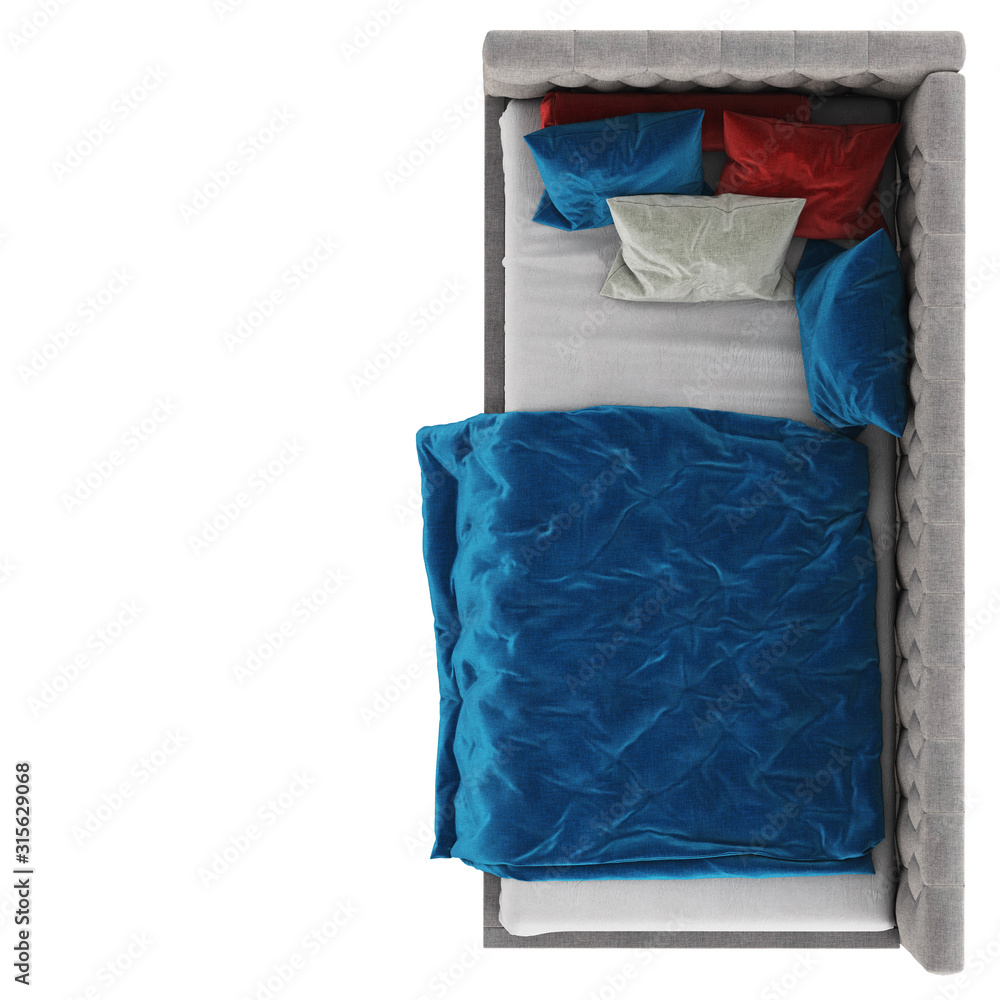 Children's quilted bed with pillows and a blue blanket on a white background. Top view. Copyspace. 3d rendering