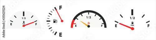 Set of Fuel gauge scales. Fuel meter. Fuel indicator. Gas tank gauge. Oil level tank bar meter. Collection Fuel gauge speedometer isolated on a white background