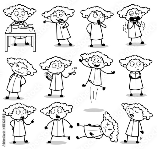 Set of Retro Cartoon Poses of Office Lady - Collection of Concepts Vector illustrations