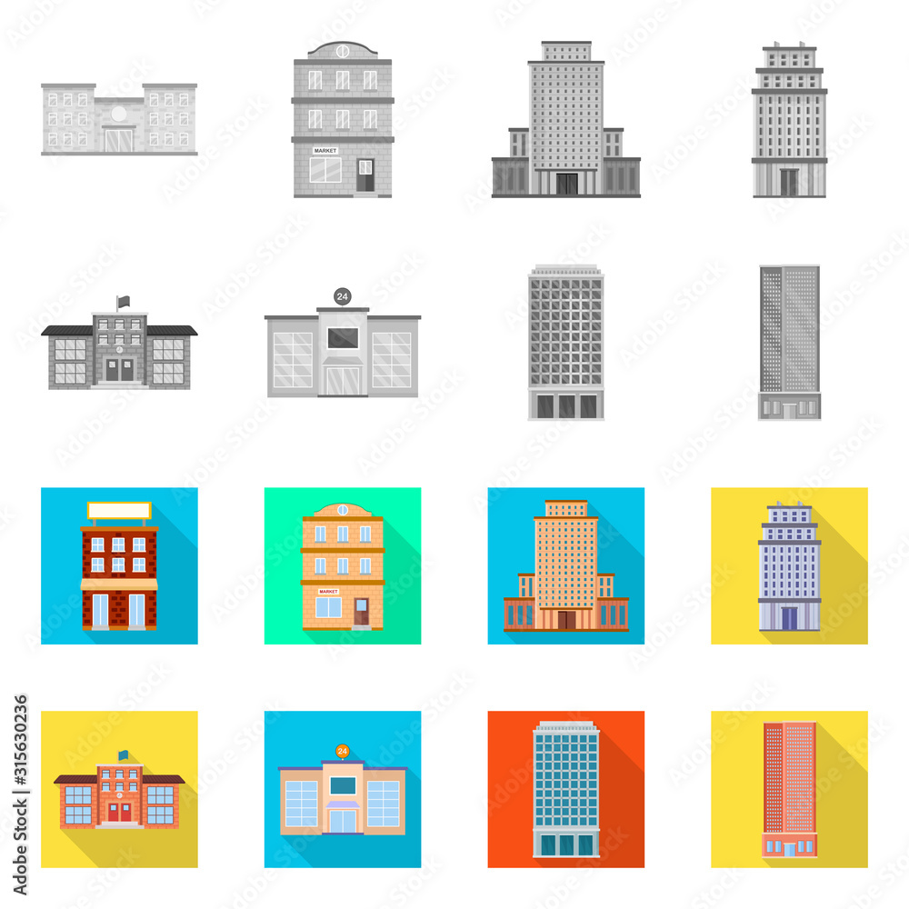 Vector illustration of municipal and center icon. Set of municipal and estate vector icon for stock.
